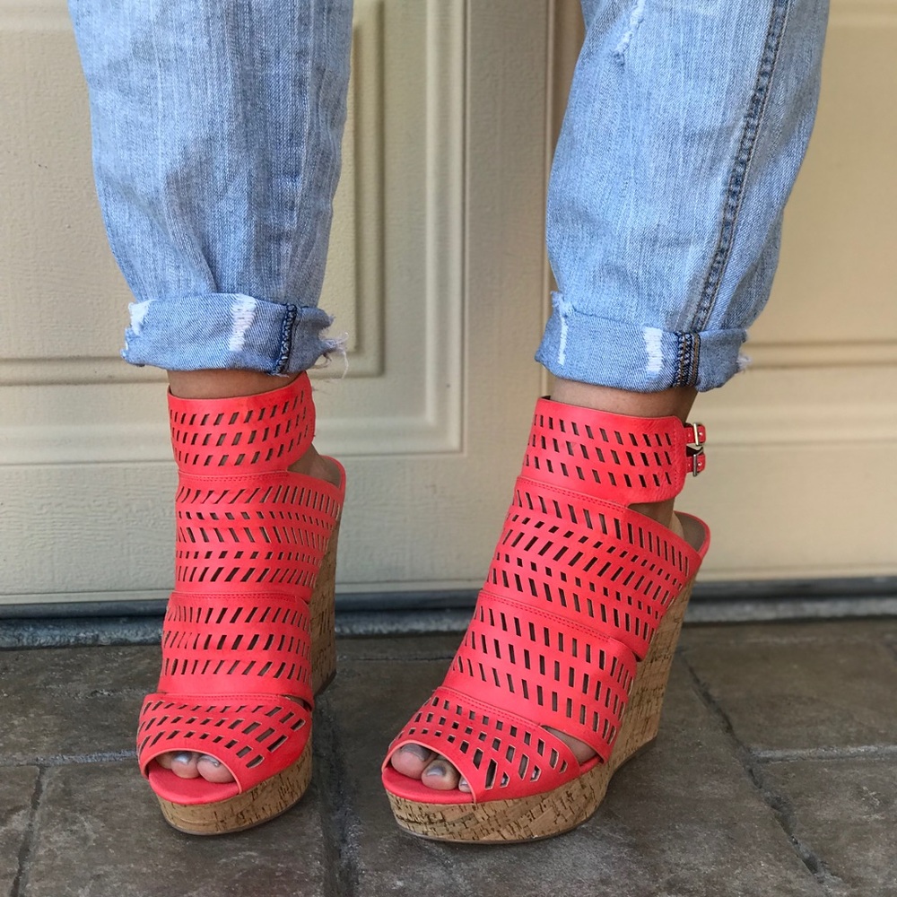 Coral Ankle Strap Perforated Platform Wedges